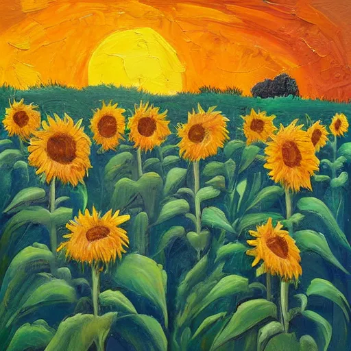 Prompt: Impasto painting of a hidden elephant in a field of sunflowers over a sunset