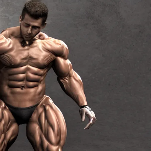 Image similar to a realistic detailed photo of a bodybuilder who is also a male android Chris Redfield, shiny skin, posing robotically, blank stare