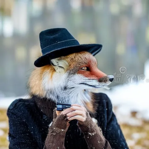 Image similar to a polygamous fox with a hat drinking beer and smoking e - cigarette, stock photo