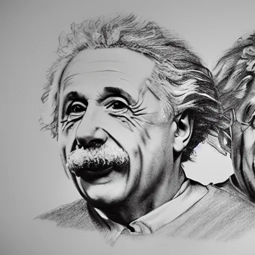 Image similar to Einstein and Newton speaks each other on a topic, pencil drawing, ultra detailed, octane render