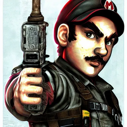 Image similar to mario in resident evil, concept art,