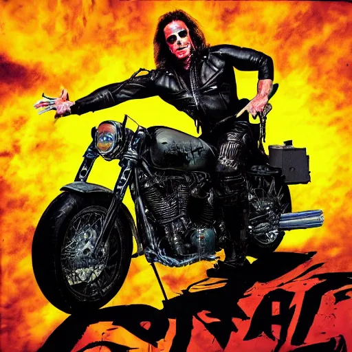 Image similar to thrash metal album cover with arnold schwarzenegger riding a motorcycle by ed repka