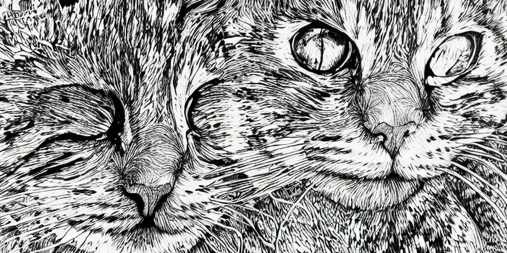 Image similar to cat doodle by visoth kakvei, black and white intricate detailed black ink illustration, sharp, charcoal art