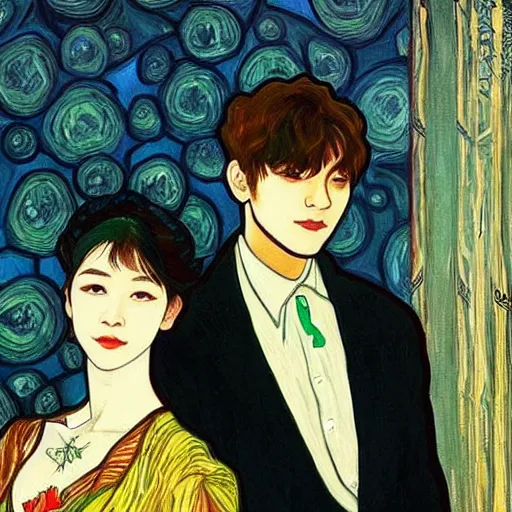 Prompt: painting of taehyung and gorgeous rina together at the cucumber soup party, elegant, clear, painting, stylized, art, art by alphonse mucha, vincent van gogh, egon schiele,