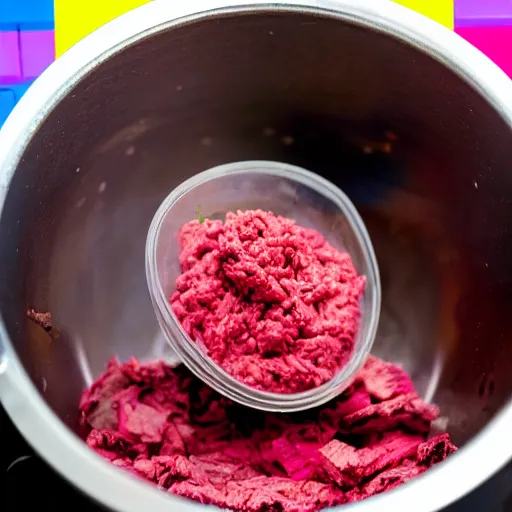 Prompt: a pot full of lego raw mince being mixed up by hands, pov, vaporwave