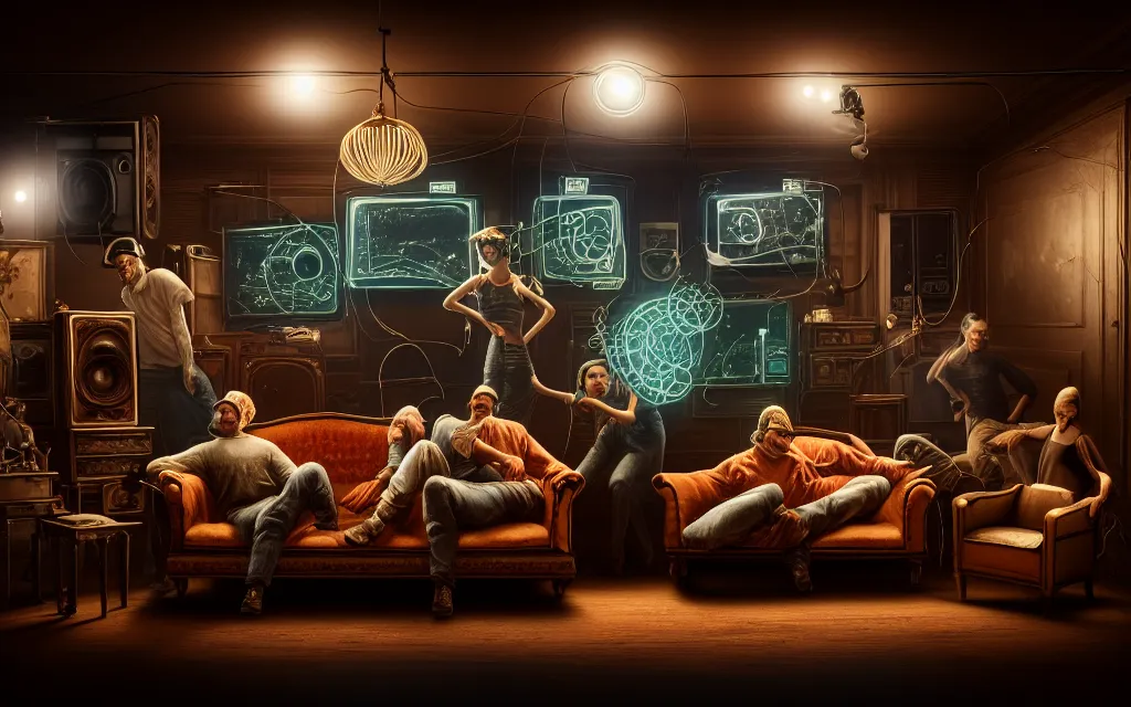Prompt: A group of people sitting on an old couch in an old room with dusty antique furniture all around, very detailed, cyberpunk wires and oled monitors on the walls, digital displays and holographic projections, ultrarealistic, dramatic lighting, electrical details, high details, 4k, 8k, best, accurate, trending on artstation, artstation, photorealism, ultrarealistic, digital painting, style of Caravaggio, Boris Vallejo