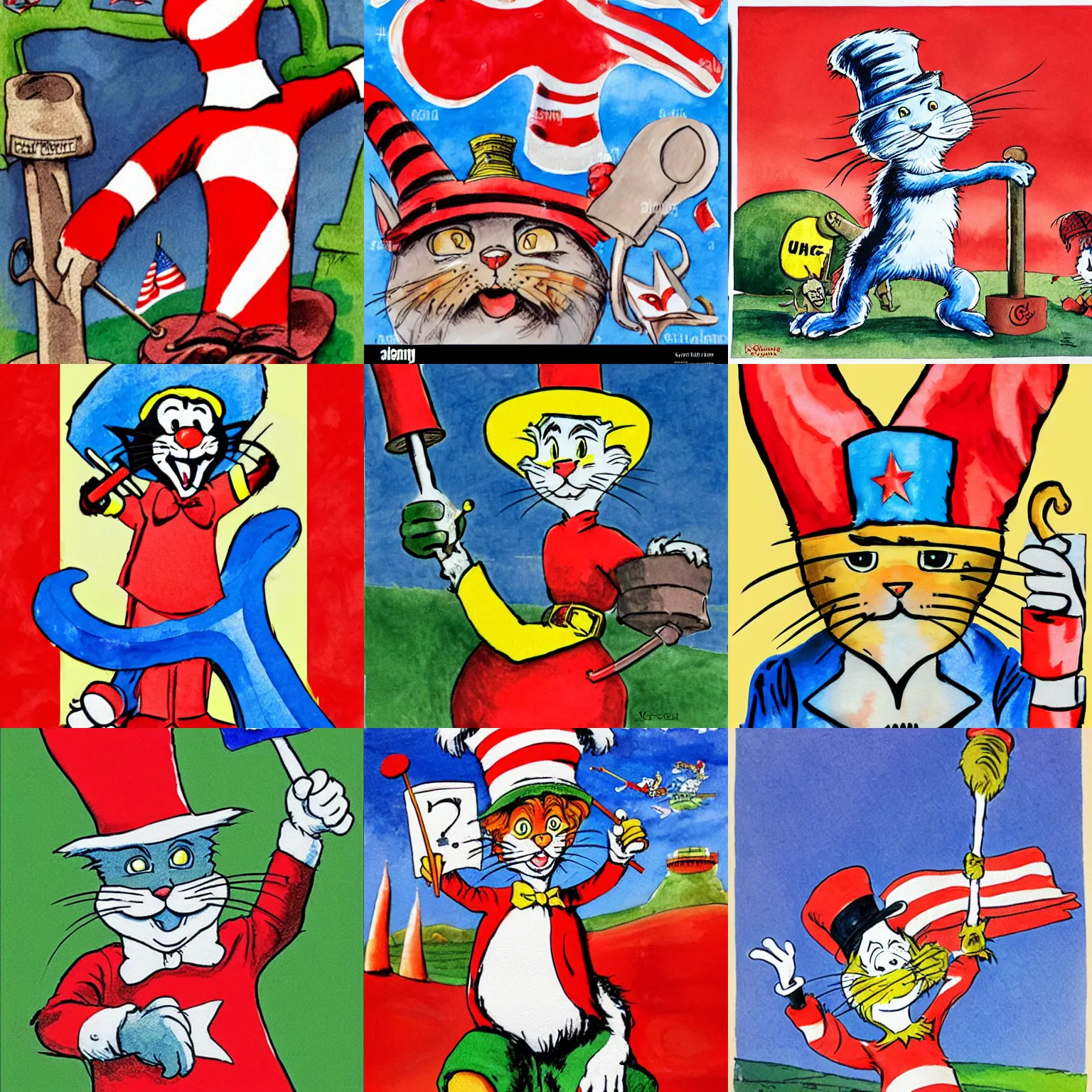 Prompt: the cat in the hat reclaims the motherland, by dr. seuss, the cat in the hat holding a ussr flag, hammer and sickle, detailed, imaginative, children's illustration, watercolor, in the style of dr. seuss