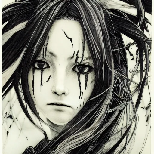 Image similar to Yoshitaka Amano realistic illustration of an anime girl with black eyes, wavy white hair fluttering in the wind and cracks on her face wearing Elden ring armour with engraving, abstract black and white patterns on the background, noisy film grain effect, highly detailed, Renaissance oil painting, weird portrait angle, blurred lost edges, three quarter view