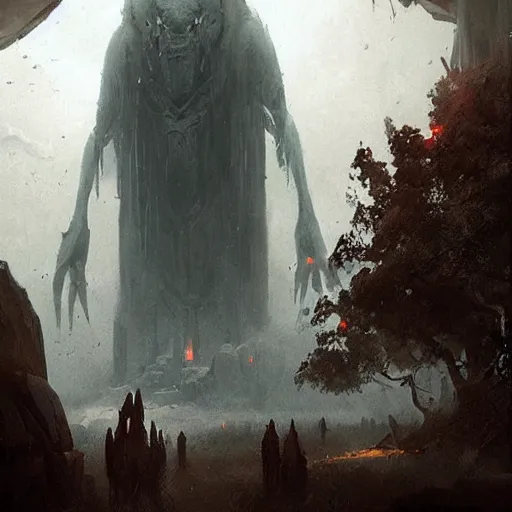 Prompt: an immense huge gigantic beautiful terrifying pale humanoid giant looms over a tiny human. dramatic fantasy art by greg rutkowski