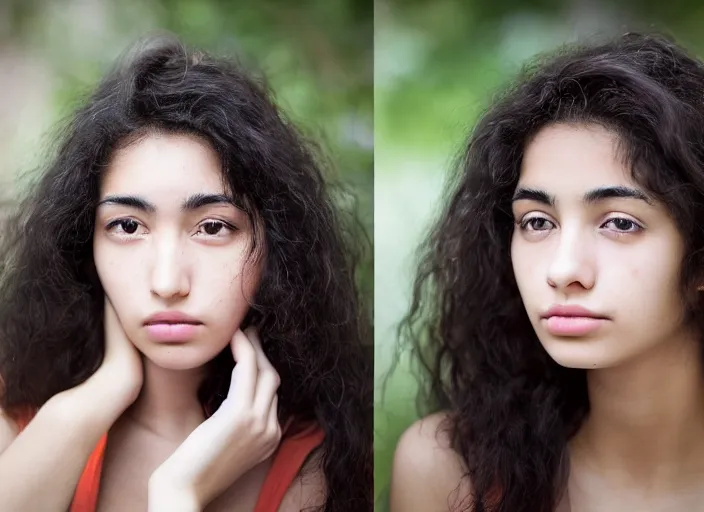 Prompt: hyper - realistic kodachrome medium shot portrait of a beautiful and attractive 2 4 year - old female, of japanese and yemeni descent with pale skin. she has a wavy hair. torn eyes. she has beauty marks on her face. in the style of steve mccurry. looking at the camera.