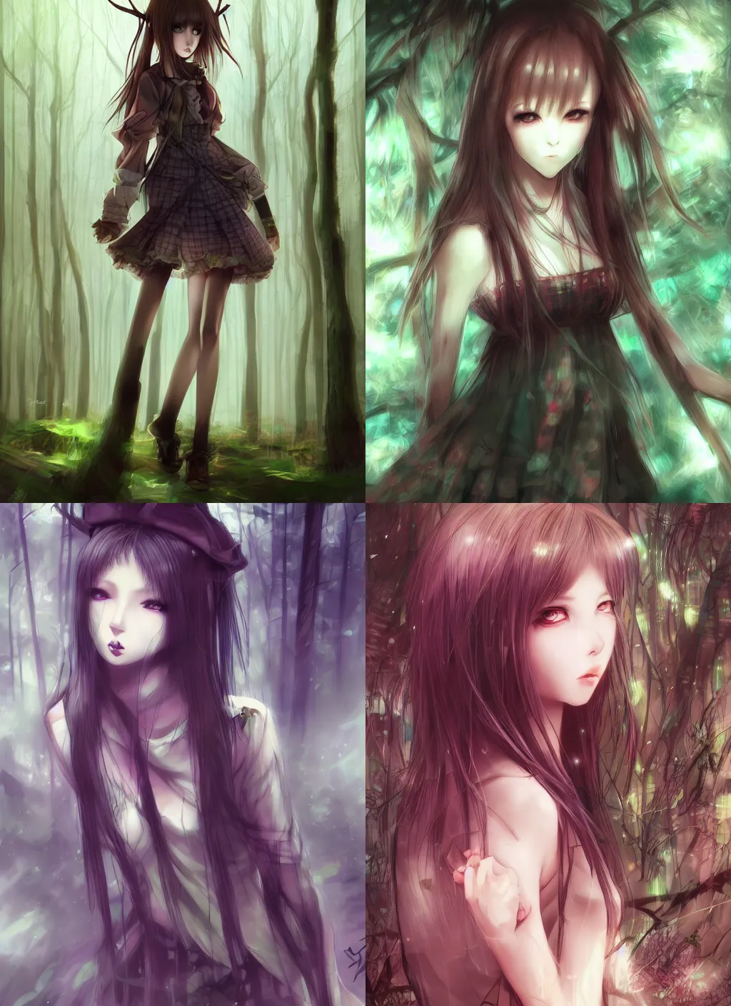 Prompt: woman in plaid miniskirt standing in a dark forest, anime style, by yoshitaka amano, by wenjun lin, digital drawing, gorgeous face