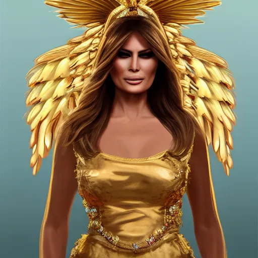 Image similar to melania trump with golden pharaoh headdress, and angel wings, elegant, angelic, trending on artstation