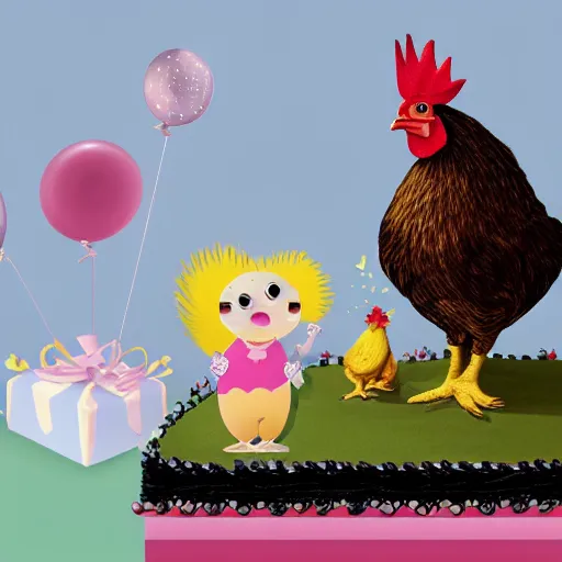 Image similar to a realistic photo of a hatchling chick and a big rooster all alone next to a birthday cake