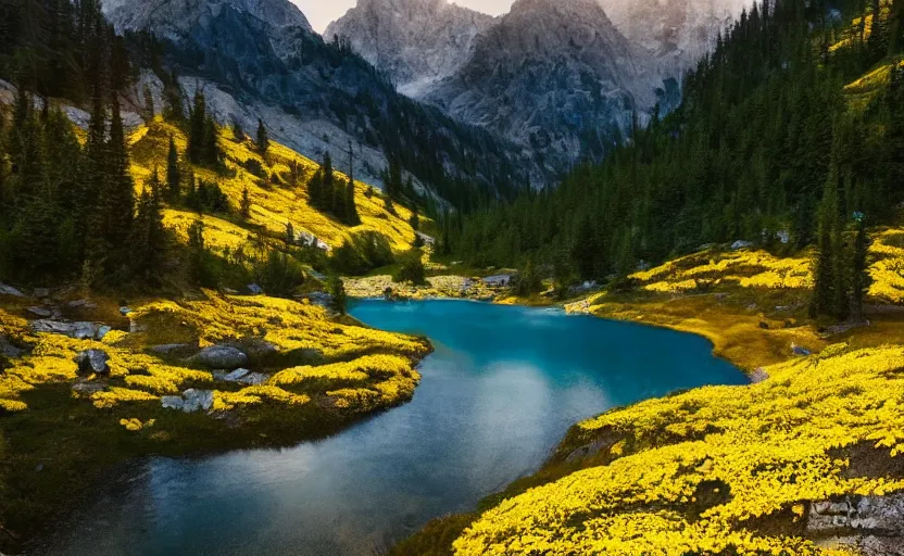 Prompt: photo of epic alpine lake landscape in spring, first light, small amount of yellow flowers, cinematic, cinematic, art by michael shainblum,