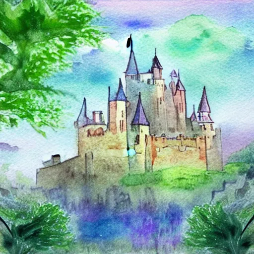 Prompt: castle floating in the sky, clouds below it, the castle is covered in plants and trees, watercolor art, soft colors, low saturation, high luminosity, pastel palette