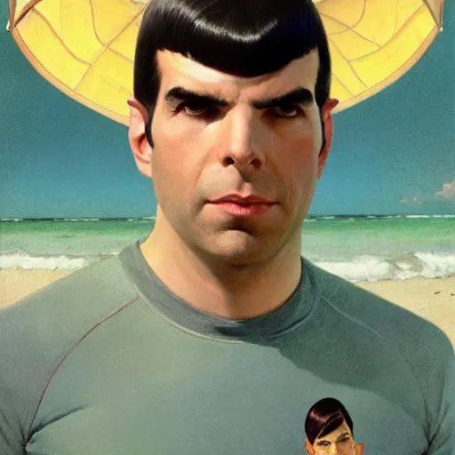 Image similar to ZACHARY QUINTO SPOCK in tropical shorts, beach, sun shining, (SFW) safe for work, photo realistic illustration by greg rutkowski, thomas kindkade, alphonse mucha, loish, norman rockwell