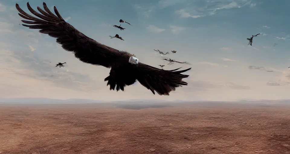 Image similar to artwork of a vulture flying over a desert, artstation