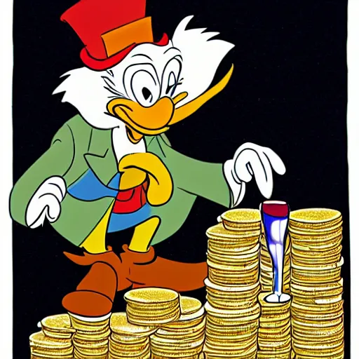 Prompt: scrooge sitting in a pile of gold coins and drinking champagne,in disney style, by don rosa