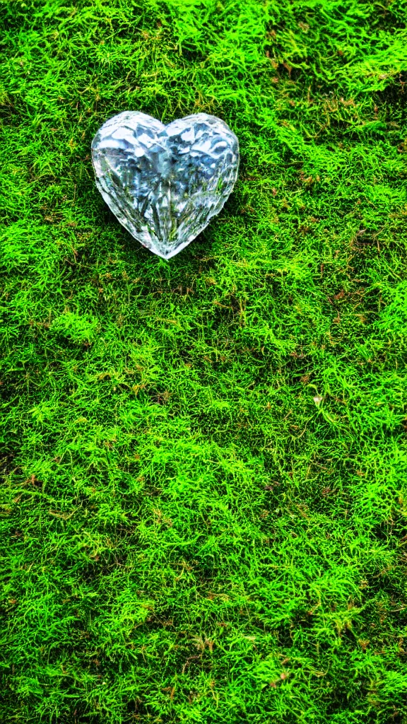 Image similar to macro photo of moss, a crystal heart is laying on the moss, light rays are coming through the leaves above, god rays, beautiful award winning macro photography, trending on artstation, serene secluded garden, isometric angle, 7 5 mm, f 3. 4