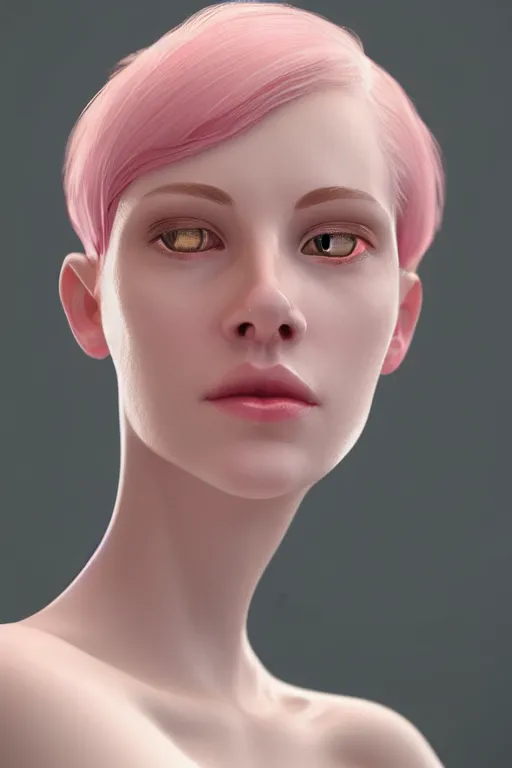 Image similar to Portrait of a beautiful pale skin Nordic female with short pink hair, elegant, photorealistic, highly detailed, artstation, smooth, sharp focus, gold ornaments, neon lighting, sci-fi, art by Klimt.