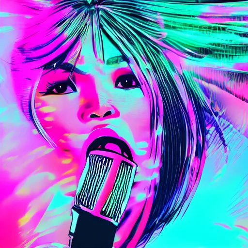 Image similar to beautiful blasian woman holding microphone and yelling, hip hop vaporwave, abstract background, neon, photo, detailed, 4k