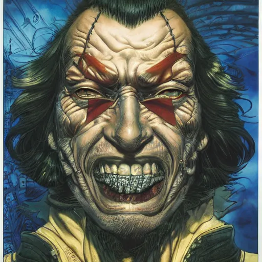 Prompt: portrait of crazy captain hector barbossa, symmetrical, by yoichi hatakenaka, masamune shirow, josan gonzales and dan mumford, ayami kojima, takato yamamoto, barclay shaw, karol bak, yukito kishiro