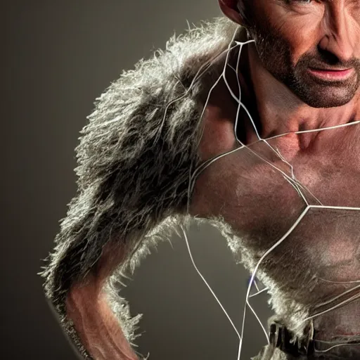 Prompt: animatronic Hugh Jackman, exposed wires, photo, Stan Winston studios, detailed, 4k