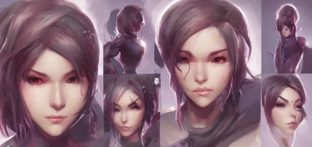 Image similar to concept art of female video game characters head designs, cute, quirky, unique hairstyles, overwatch by marc brunet and artgerm