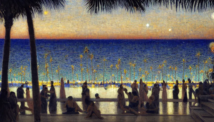 Prompt: a ultradetailed beautiful painting of the night sky of the amazonas pool palace balustrade designed by jules bastien - lepage, tarsila do amaral, frank weston and gustave baumann, beach, trending on artstation, mediterranean, palm trees, sharp focus, sail boats, soft light, 8 k 4 k