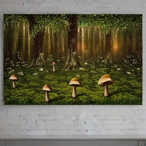 Image similar to mushroom city in the middle of the forest, high details, godrays, 4k