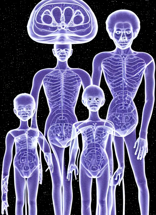 Prompt: mri image of a creepy family in the deep space scanner