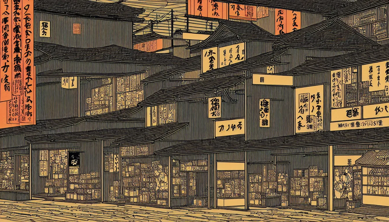 Image similar to old japanese shops by dan mumford and peter doig and edward hopper, symmetrical, minimal, black ink, thick lines highly detailed, muted colours 8 k