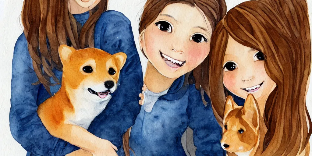 Image similar to a watercolor illustration of a girl with light brown hair, hazel eyes and freckles accompanied by a shiba inu