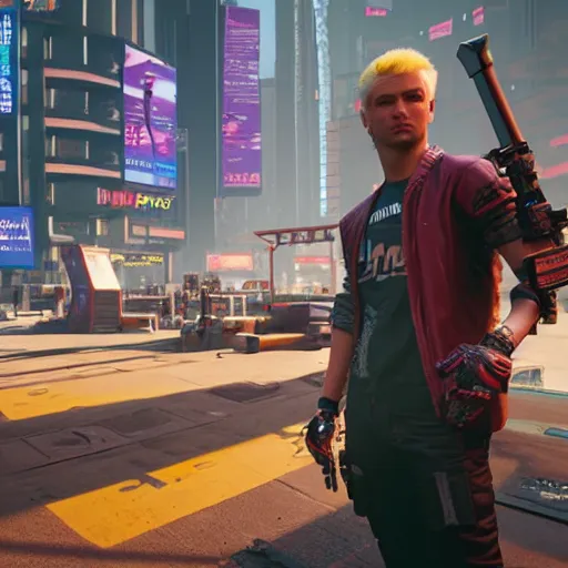 Image similar to an in-game screenshot of blonde boy in Cyberpunk 2077