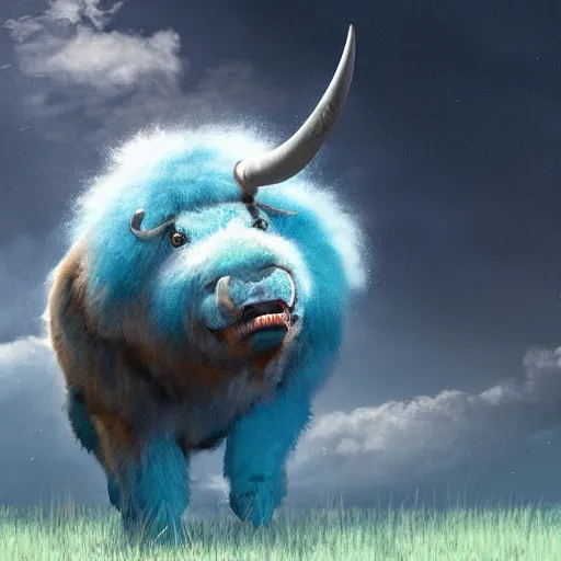 Image similar to an illustration of a giant blue six legged beast with head resembling a bull, thick fluffy fur walking across a peaceful fantasy meadow digital art concept art