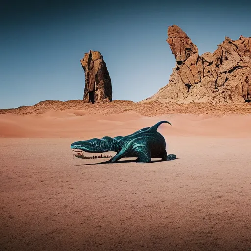Image similar to 🐋 👽🦖🐉 🤖 🐳 in desert, photography by bussiere rutkowski andreas roch