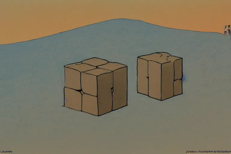 Image similar to giant cube floating above the desert concept sketch by joe johnston and nilo rodis - jamero and ralph mcquarrie and norman reynolds