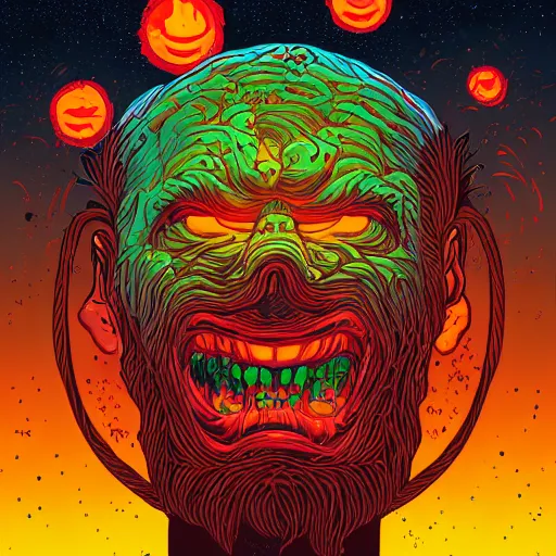 Prompt: portrait of head melting into another one, lava, laugh and surprise, by Dan Mumford