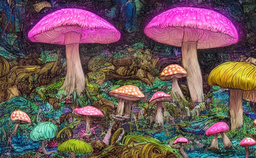 Image similar to hyperdetailed mushroom wood, seen from the distance at night. along a maximalist river made of paper and unexpected interesting fabric elements. 8 x 1 6 k hd mixed media 3 d collage in the style of a childrenbook illustration in pastel neon tones. shiny matte background no frame hd