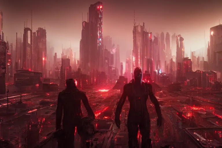 Image similar to cyberpunk landscape of hell with people suffering and ghost, futuristic look, highly detailed body, very powerful, photorealistic camera shot, bright studio setting, studio lighting, crisp quality and light reflections, unreal engine 5 quality render