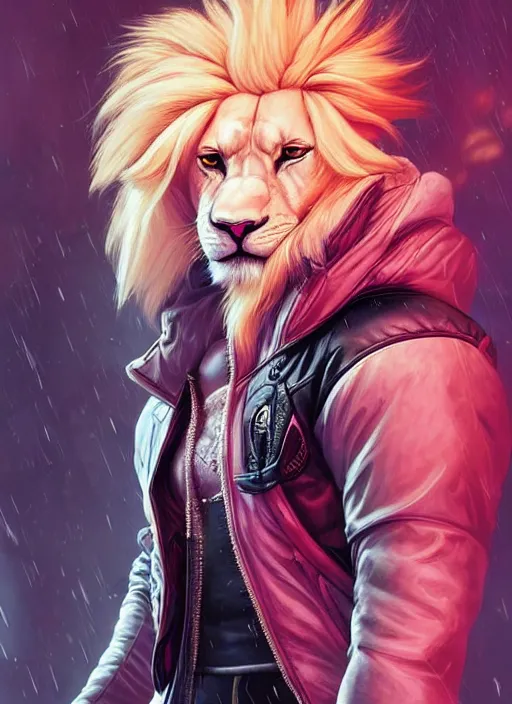 Image similar to aesthetic portrait commission of a of a male fully furry muscular anthro albino lion with a tail and a beautiful attractive hyperdetailed face wearing stylish and creative unkempt black and pink cyberpunk 2077 clothes in a sci-fi dystopian city at golden hour while it storms in the background. Character design by charlie bowater, ross tran, artgerm, and makoto shinkai, detailed, inked, western comic book art, 2021 award winning painting