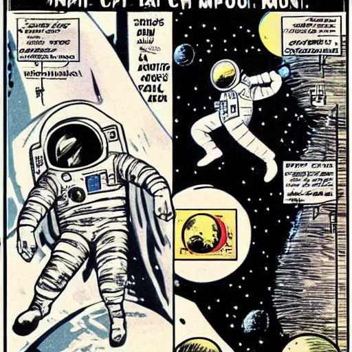 Prompt: astronaut on the moon by Wally Wood, comic book art, ca. 1960