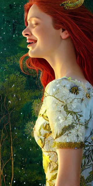 Image similar to lovely woman, serene smile surrounded by golden firefly lights, amidst nature fully covered by a intricate detailed dress, long red hair, precise linework, accurate green eyes, small nose with freckles, smooth oval shape face, empathic, expressive emotions, spiritual scene, hyper realistic ultrafine art by artemisia gentileschi, jessica rossier, boris vallejo