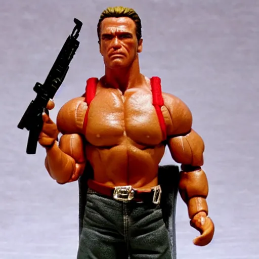 Prompt: a 12 inch action figure of Arnold Schwarzenegger from Commando. Big muscles. Holding an automatic rifle in his hands. Plastic shiny. Full body feet and head