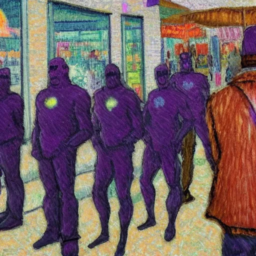 Prompt: Thanos waiting in line at a McDonalds, Post-impressionism