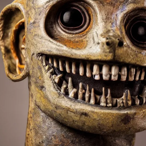 Prompt: a taxidermized smiling horror of the abyss, in a museum, on a pedestal, 8 5 mm lens, 7 0 mm entrance pupil diameter, close - up photograph, high detail, 4 k, soft focus, depth of field