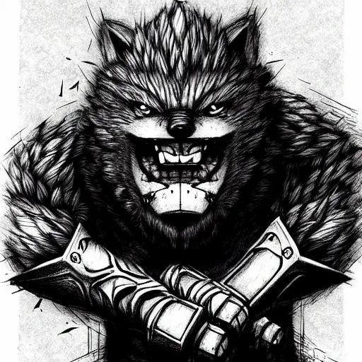 Prompt: Volibear (league of legends, 2009), artwork by kentaro miura, Kentaro Miura style, Berserk Style, High details, cinematic composition, manga, black and white ink style, a lot of details with ink shadows