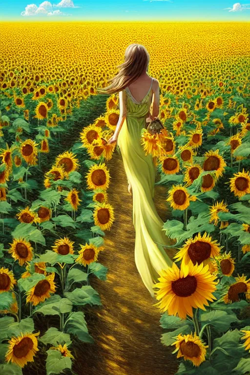 Image similar to a girl slowly walking through amazing tall sunflower field, hair flowing, fanart, by concept artist gervasio canda, behance hd by jesper ejsing, by rhads kuvshinov, rossdraws global illumination radiating a glowing aura global illumination ray tracing hdr render in unreal engine 5, tri - x pan stock, by richard avedon