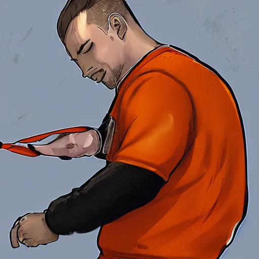 Image similar to goose being zipped - up by man in orange shirt, artstation