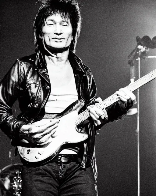 Prompt: sixty years old viktor tsoi with guitar in his hands, leather jacket, photo, microphone, rock concert, black and white, iso 6 0 0, 3 5 mm, codac gold